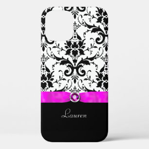 Black Damask Pink Jewel gepersonaliseerd iPhone 12 Pro Hoesje