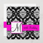 Black Damask Pink Monogram 60th Birthday Invite Kaart (Voorkant / Achterkant)