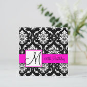 Black Damask Pink Monogram 60th Birthday Invite Kaart (Staand voorkant)