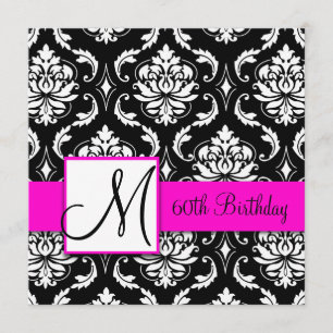 Black Damask Pink Monogram 60th Birthday Invite Kaart