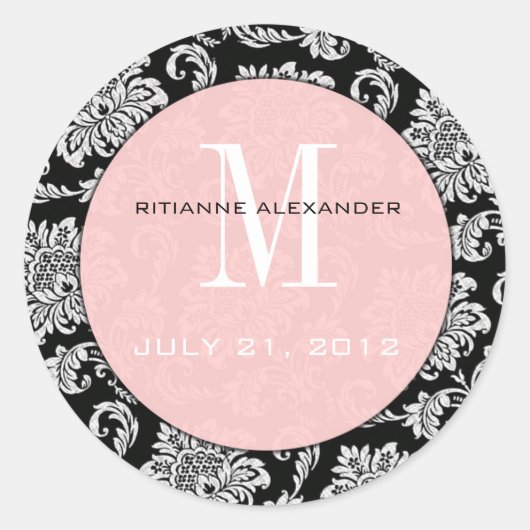 Black Damask Pink Monogram Wedding Sticker (Voorkant)