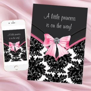 Black Damask Pink Princess Baby shower Kaart