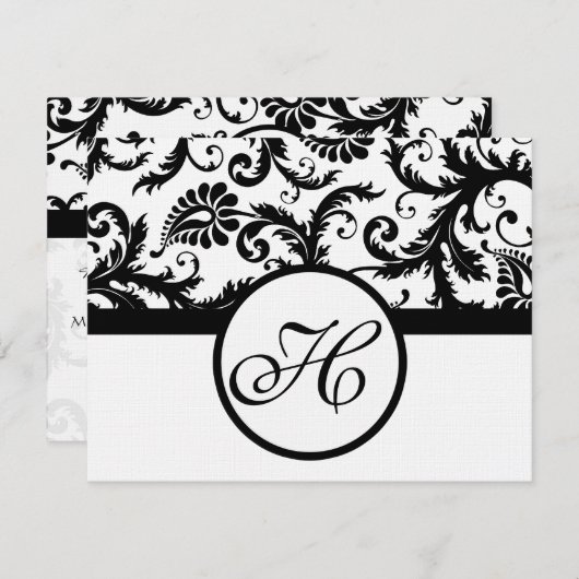 Black Damask-reactiekaart - tekst aan de kant van RSVP Kaartje (Voorkant / Achterkant)