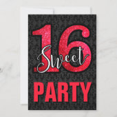 Black Damask Red Glitter Sweet 16 Verjaardagsfeest Kaart (Voorkant)