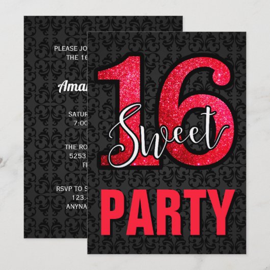Black Damask Red Glitter Sweet 16 Verjaardagsfeest Kaart (Voorkant / Achterkant)
