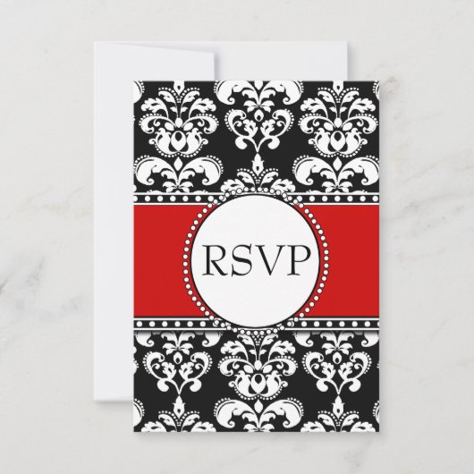 Black Damask Red RSVP voor Square Invitations (Voorkant)