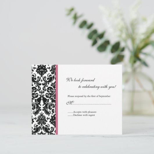 Black Damask RSVP-reactiekaart RSVP Kaartje (Staand voorkant)