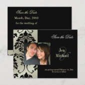 Black Damask Save the Date Foto briefkaarten, Aankondigingskaart (Voorkant / Achterkant)