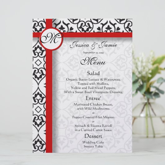 Black Damask Side Borders Red Trim WeddenMenu Menu (Staand voorkant)