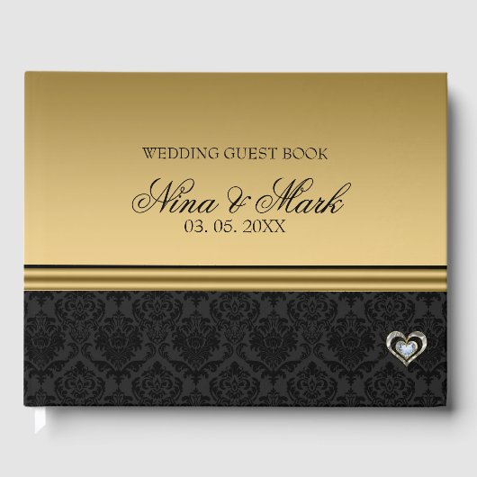 Black Damask Silver Gold Heart Gastenboek (Voorkant)
