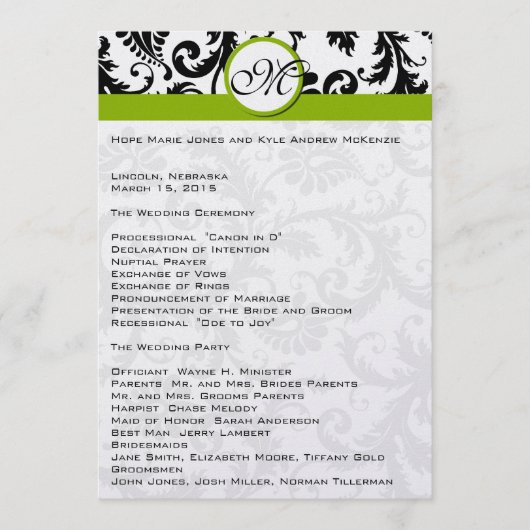 Black Damask Swirl Apple Green Wedding Program Programma (Voorkant)