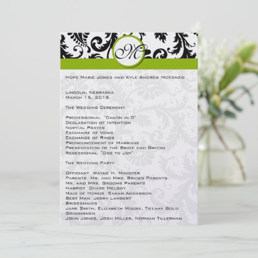 Black Damask Swirl Apple Green Wedding Program Programma (Staand voorkant)