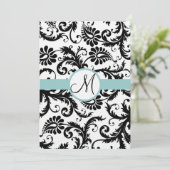 Black Damask Swirls Aqua Trim Wedding Invitation Kaart (Staand voorkant)