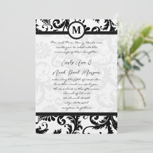 Black Damask Swirls met Stippen Weddenschap Kaart (Staand voorkant)