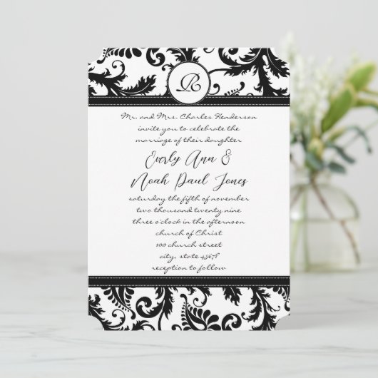 Black Damask Swirls met Stippen Weddenschap Kaart (Staand voorkant)