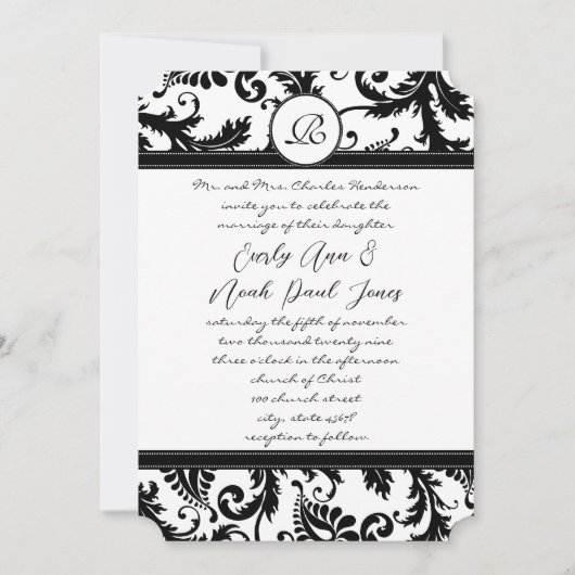 Black Damask Swirls met Stippen Weddenschap Kaart (Voorkant)