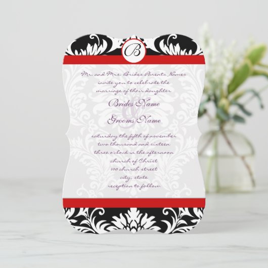 Black Damask Swirls Red Trim Paars Font Wedding Kaart (Staand voorkant)