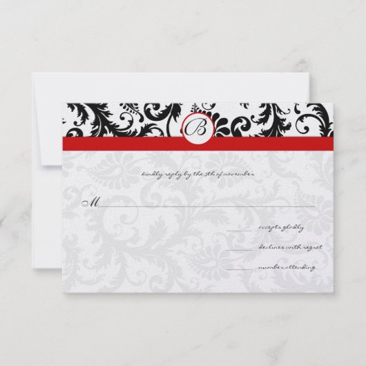 Black Damask Swirls Red Trim Weddenschap RSVP (Voorkant)