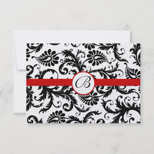 Black Damask Swirls Red Trim Weddenschap RSVP (Achterkant)