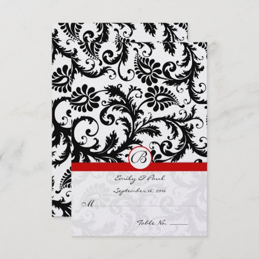 Black Damask Swirls Red Trim Weddenschap RSVP (Voorkant / Achterkant)