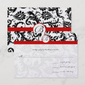 Black Damask Swirls Red Trim Weddenschap RSVP Kaartje (Voorkant / Achterkant)