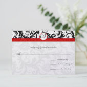 Black Damask Swirls Red Trim Weddenschap RSVP Kaartje (Staand voorkant)