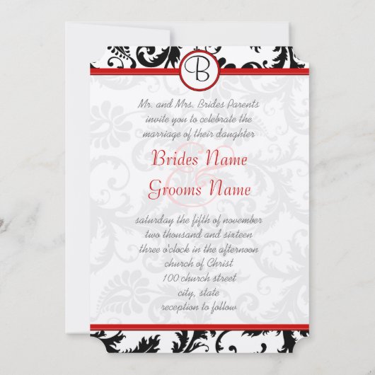 Black Damask Swirls Red Trim Wedding Invitations (Dos)