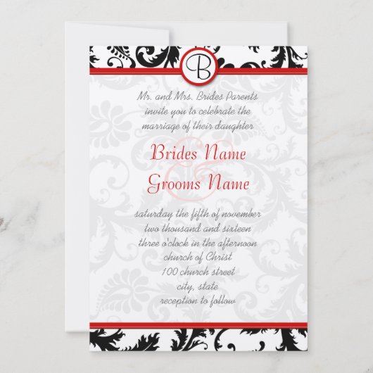 Black Damask Swirls Red Trim Wedding Invitations (Dos)