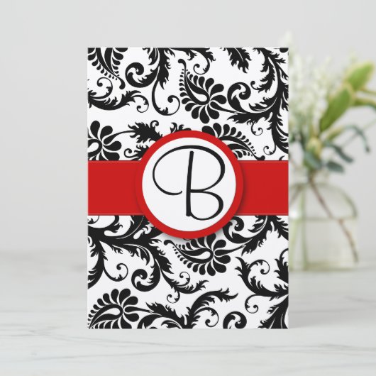 Black Damask Swirls Red Trim Wedding Invitations (Debout devant)