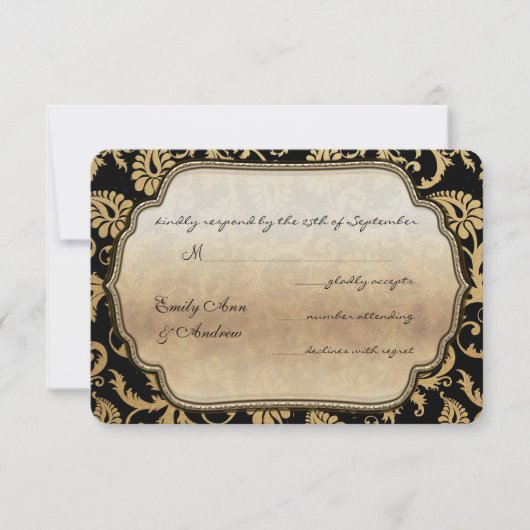 Black Damask Swirls Wedding RSVP (Voorkant)