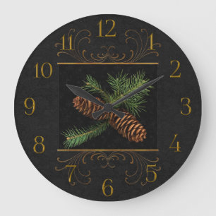 Black Damask Waterverf Pine Cones Grote Klok