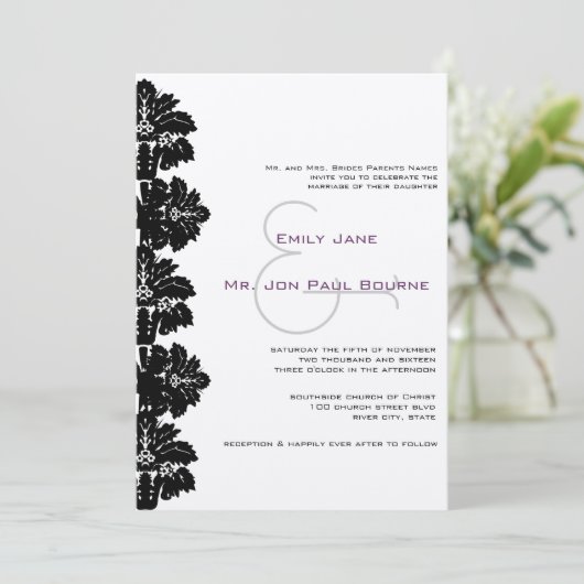 Black Damask Wedding Invitations Kaart (Staand voorkant)