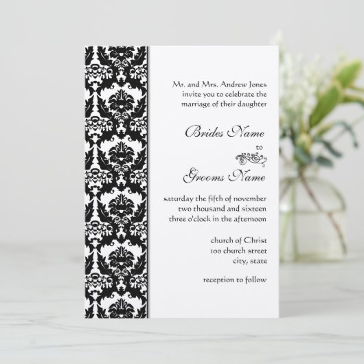 Black Damask Wedding Invitations Kaart (Staand voorkant)