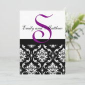 Black Damask Wedding Invitting Paarse Monogrammen Kaart (Staand voorkant)