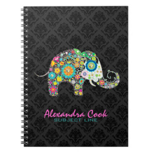 Black Damaskers Colorful Floral Elephant Notitieboek