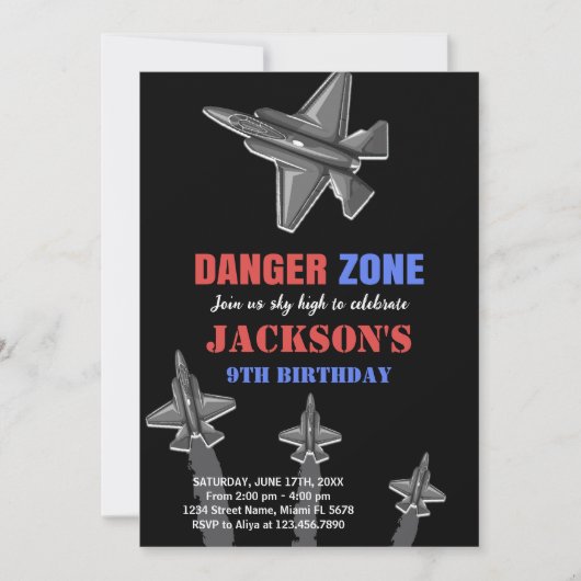 Black Danger Zone Fighter Jet Invitations Annivers (Devant)