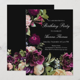 Black Dark Moody Elegant Floral Birthday Party Kaart