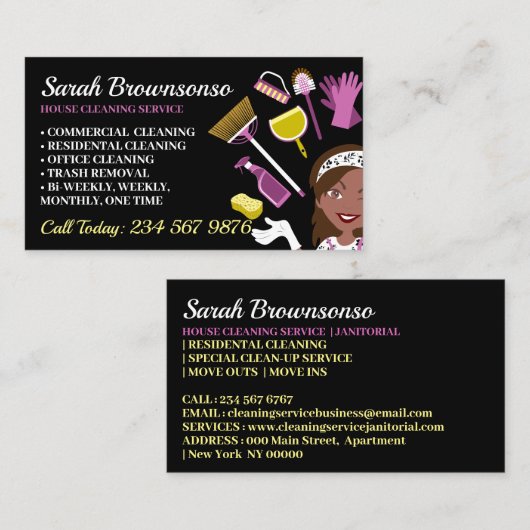 Black Dark Skin Janitorial Lady House Cleaning Visitekaartje (Voorkant / Achterkant)