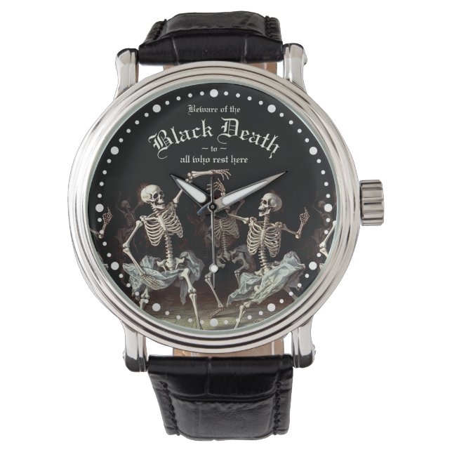 Black Death Dancing Skeletons Halloween Horloge (Voorkant)