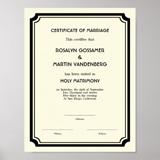 Black Deco lijst keepomwille bruiloft certificate Poster (Voorkant)