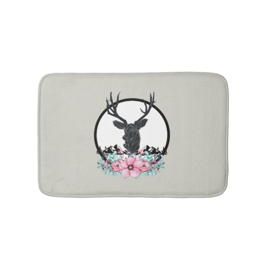 Black Deer Head met roze bloemen en bergen Badmat (Voorkant)