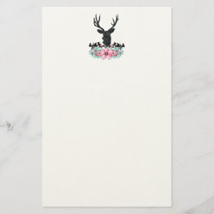 Black Deer Head met roze bloemen en bergen Briefpapier