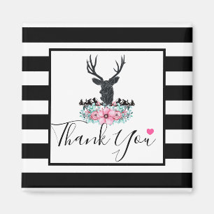 Black Deer Head met roze bloemen en bergen Magneet