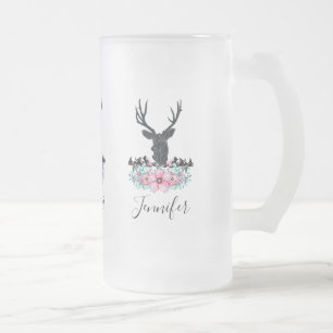 Black Deer Head met roze bloemen en bergen Matglas Bierpul
