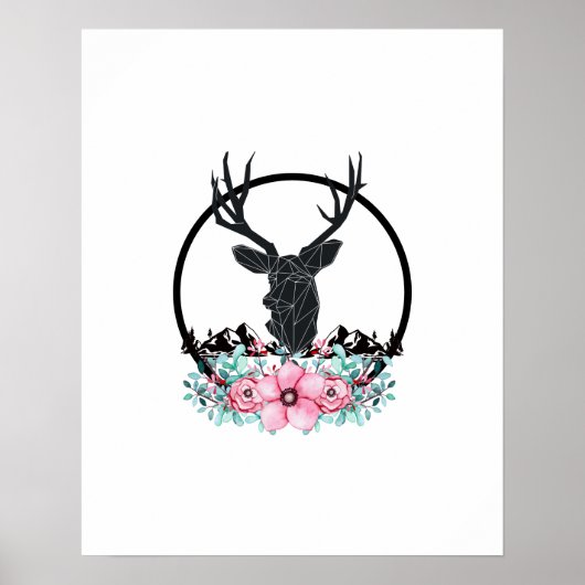 Black Deer Head met roze bloemen en bergen Poster (Voorkant)