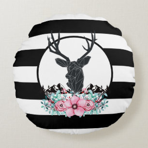 Black Deer Head met roze bloemen en bergen Rond Kussen