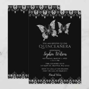 Black Diamante Lace Butterflies Quinceañera Kaart