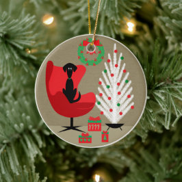 Black Dog in Mid Century Christmas Room Keramisch Ornament