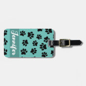 Black Dog Paw Pattern op Blauwgroen Bagagelabel (Voorkant horizontaal)