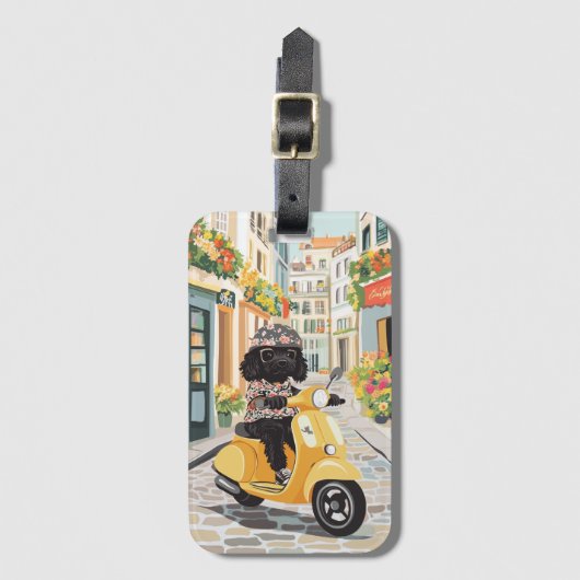 Black Doodle Riding Scooter European City Streets Bagagelabel (Voorkant (verticaal))